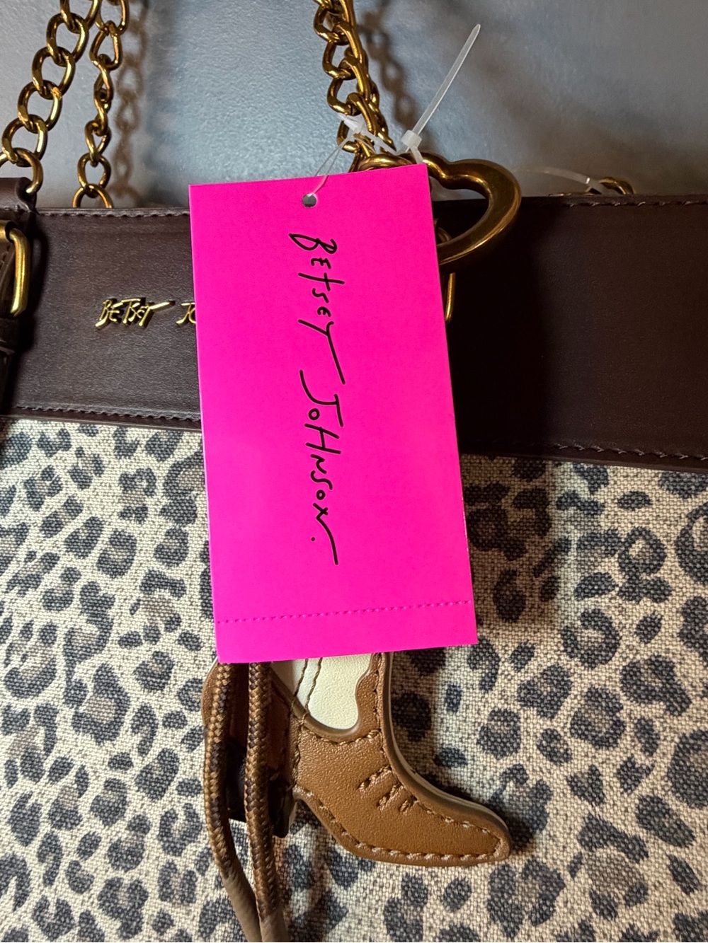 Betsey Johnson Brown & Leopard Print Tote with Gold Chain Handles - Picture 3 of 7